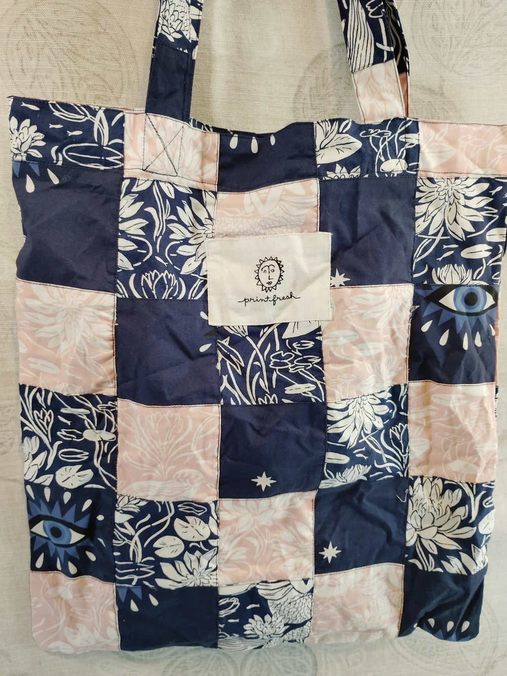 Quilted Patchwork Navy & Blush Shoulder Bag with Eye Motif